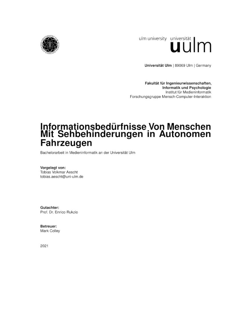 Bachelorarbeit Informationsbedürfnisse von Menschen mit Sehbehinderungen in autonomen Fahrzeugen